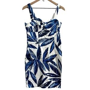 Jones New York Signature Stretch Blue White Tropical Palm Leaf Dress Size 4